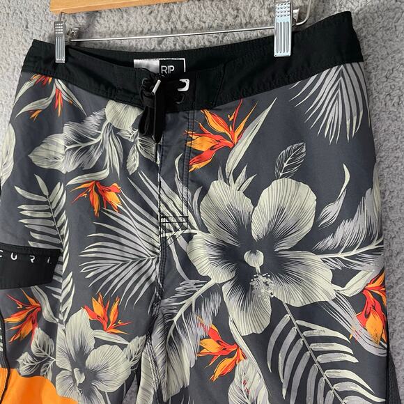 Rip Curl 32 Board Shorts Black Orange Floral Hibiscus Print Swim Surf Trunks - Picture 9 of 10